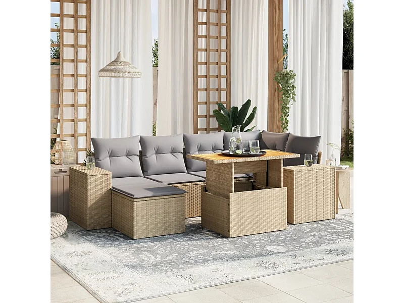 Salon de jardin avec coussins 7 pièces beige résine tressée
