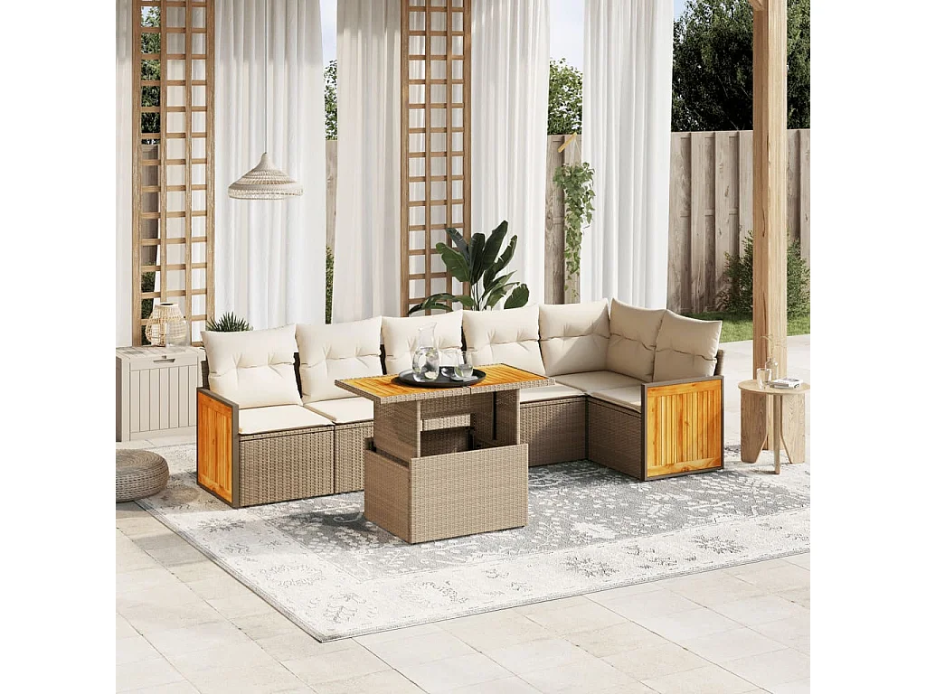 Salon de jardin avec coussins 7 pièces beige résine tressée