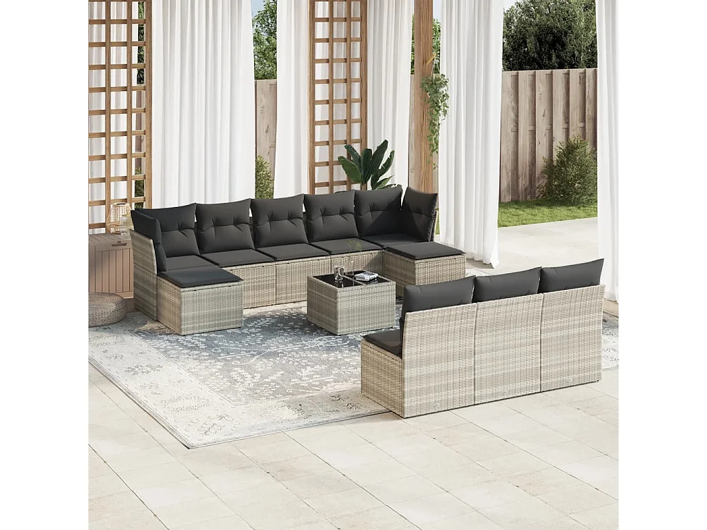 Salon de jardin 11 pièces avec coussins gris clair résine tressée
