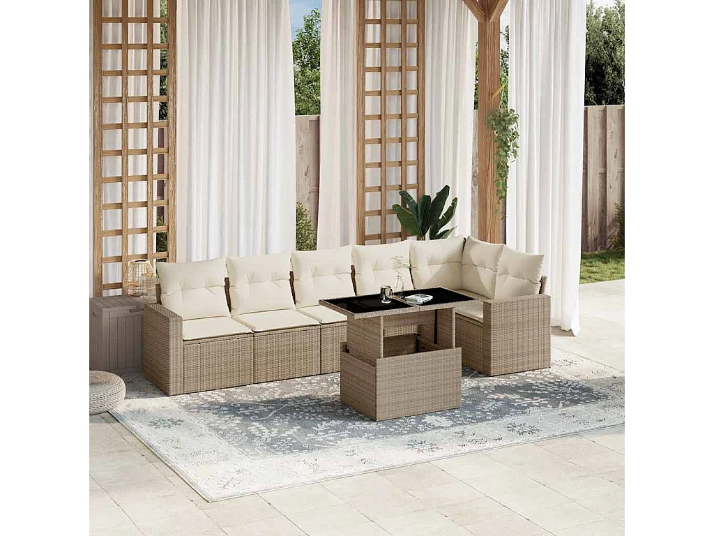 Salon de jardin avec coussins 7 pièces beige résine tressée