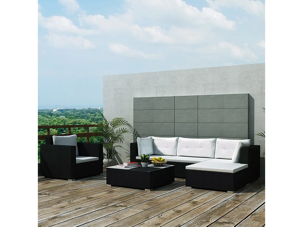 Set muebles de jardín y cojines 6 piezas ratán sintético negro