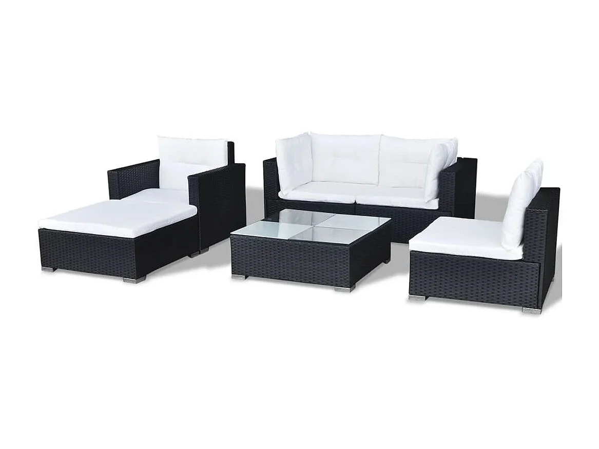 Set muebles de jardín y cojines 6 piezas ratán sintético negro