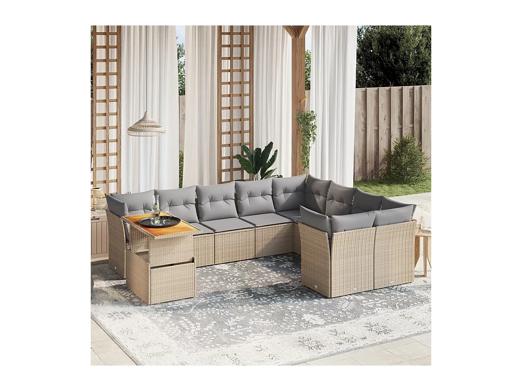 Salon de jardin avec coussins 10 pièces beige résine tressée