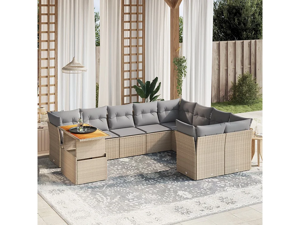 10-delige Loungeset met kussens poly rattan beige