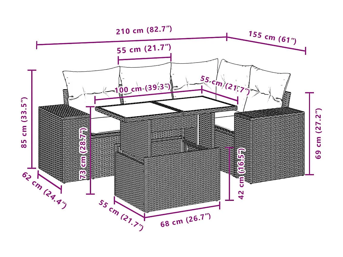 Set de sofás jardín y cojines 5 piezas ratán sintético gris claro