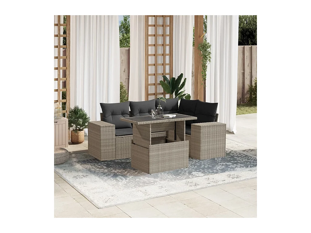 Salon de jardin 5 pièces avec coussins gris clair résine tressée