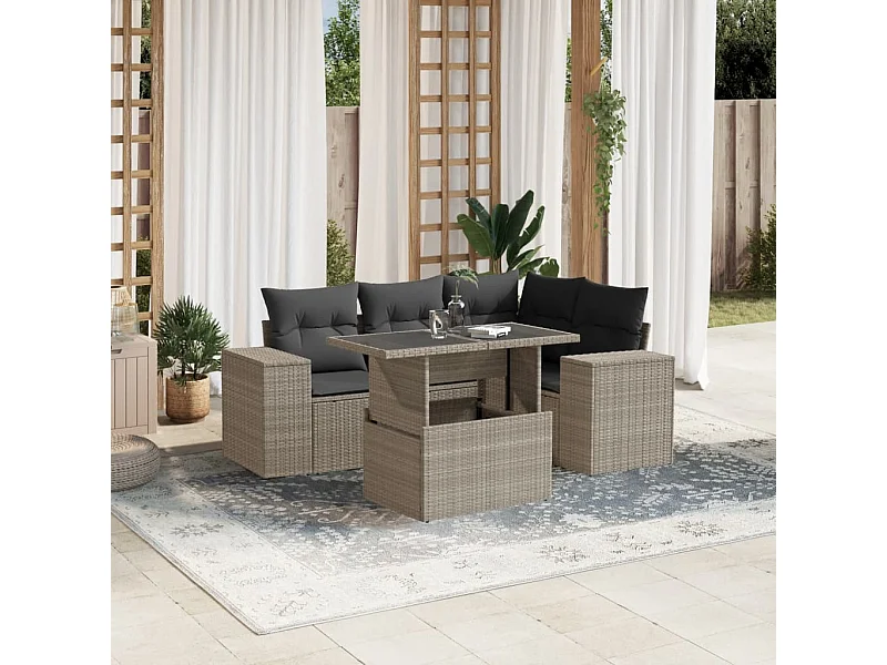 Salon de jardin 5 pièces avec coussins gris clair résine tressée