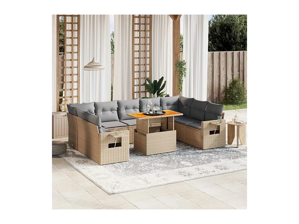 10-delige Loungeset met kussens poly rattan beige