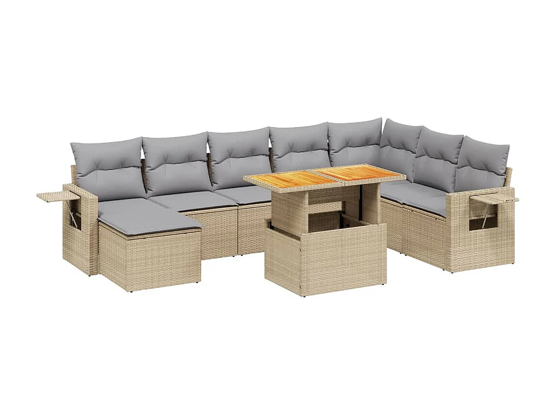 Set de sofás de jardín 9 piezas con cojines ratán sintético beige