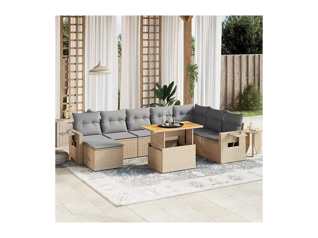 9 peças conjunto de sofás para jardim com almofadões vime PE bege