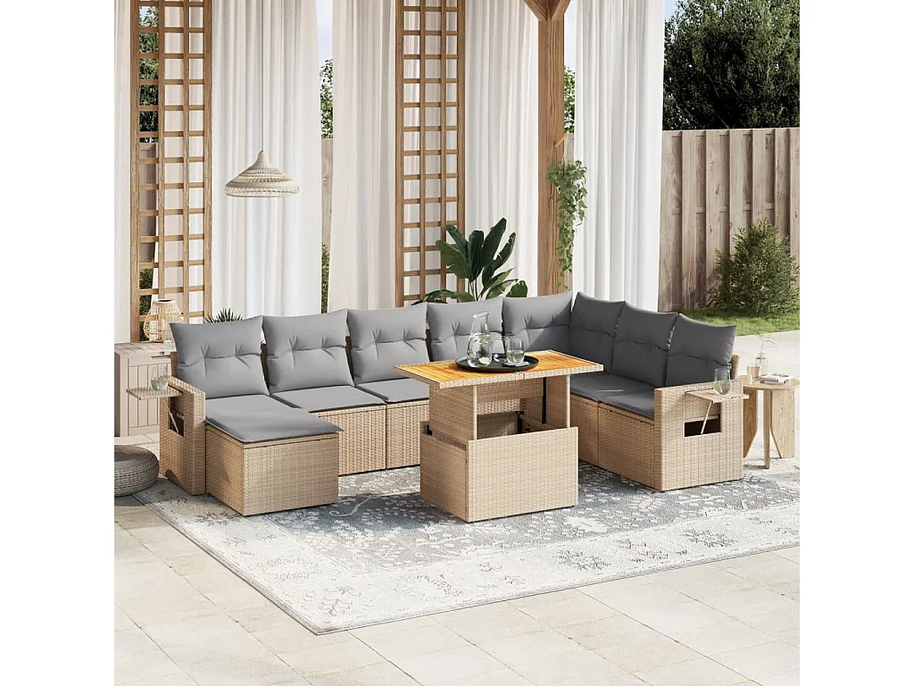 Salon de jardin avec coussins 9 pièces beige résine tressée