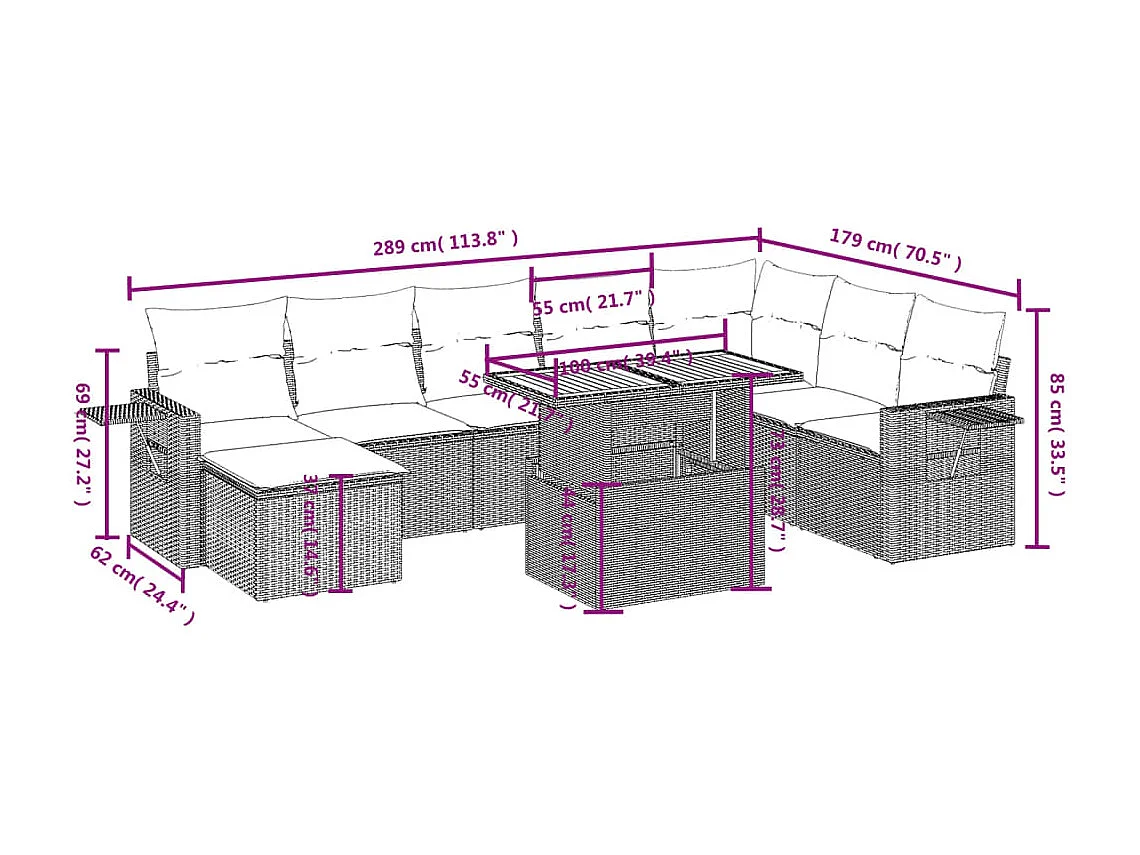 Salon de jardin avec coussins 9 pièces beige résine tressée