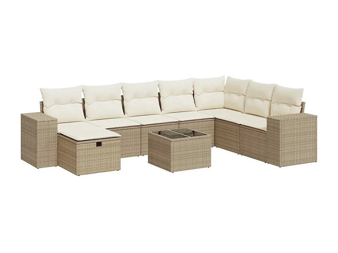 9-delige Loungeset met kussens poly rattan beige