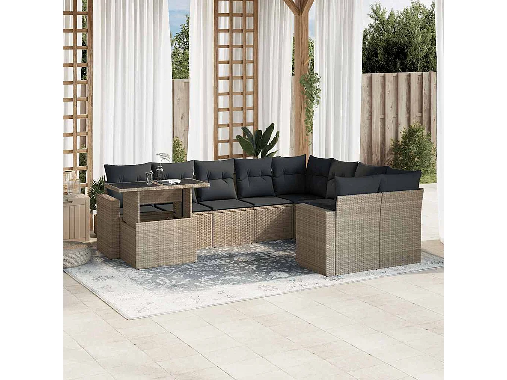 Set sofás jardín 10 piezas con cojines ratán sintético gris claro