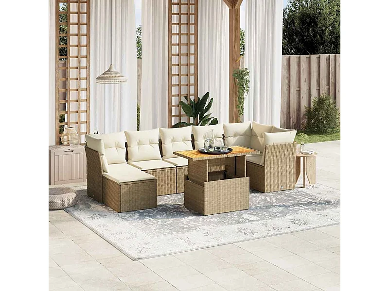 Salon de jardin avec coussins 8 pièces beige résine tressée