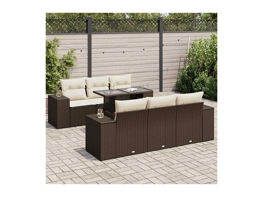 7-delige Loungeset met kussens poly rattan bruin