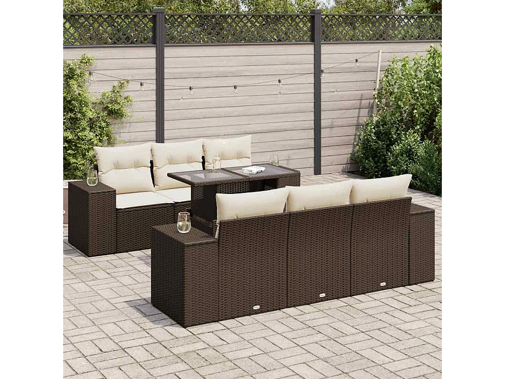 Salon de jardin avec coussins 7 pièces marron résine tressée
