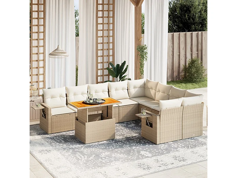 10-delige Loungeset met kussens poly rattan beige