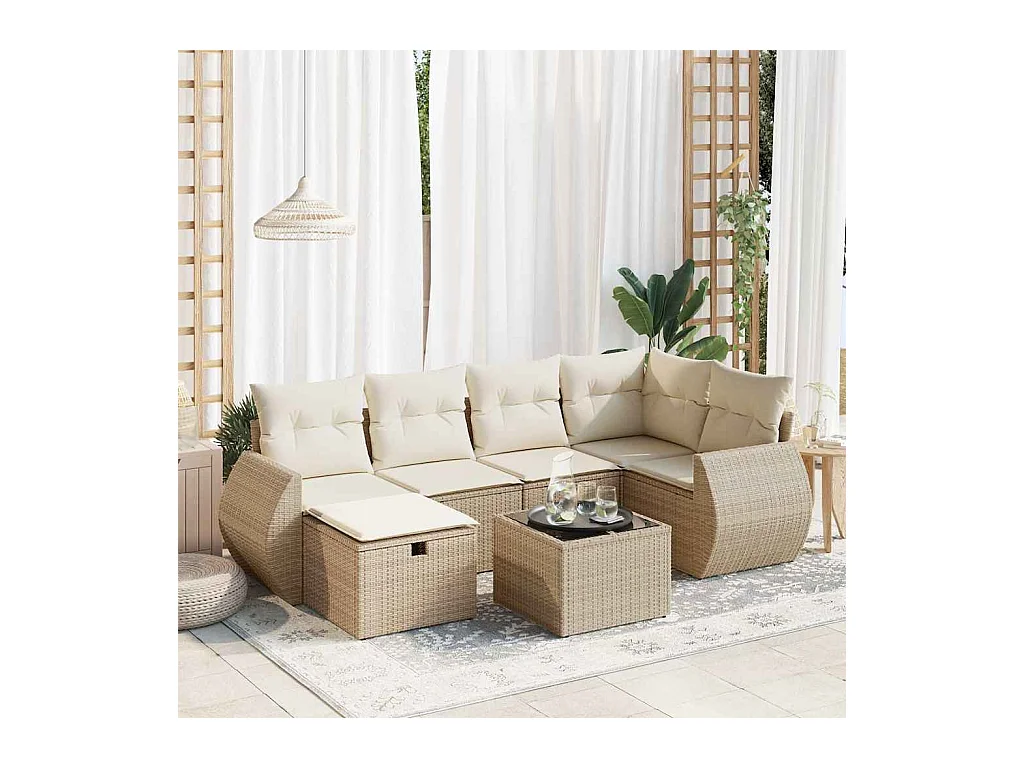 Salon de jardin avec coussins 7 pièces beige résine tressée