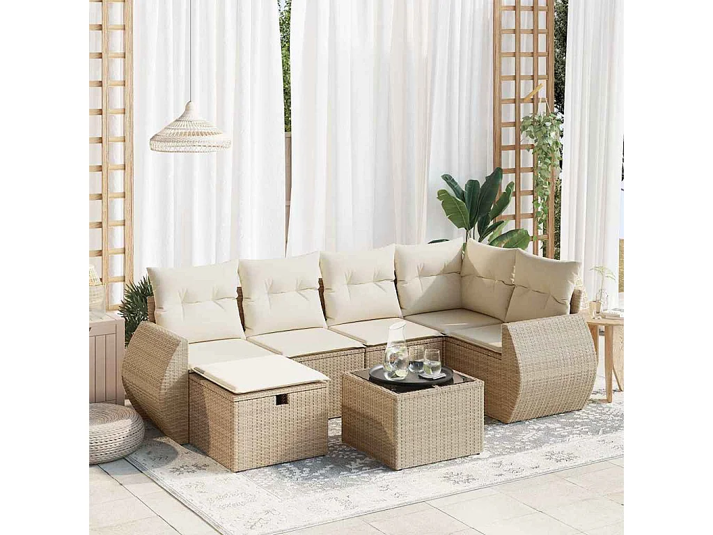 7-delige Loungeset met kussens poly rattan beige