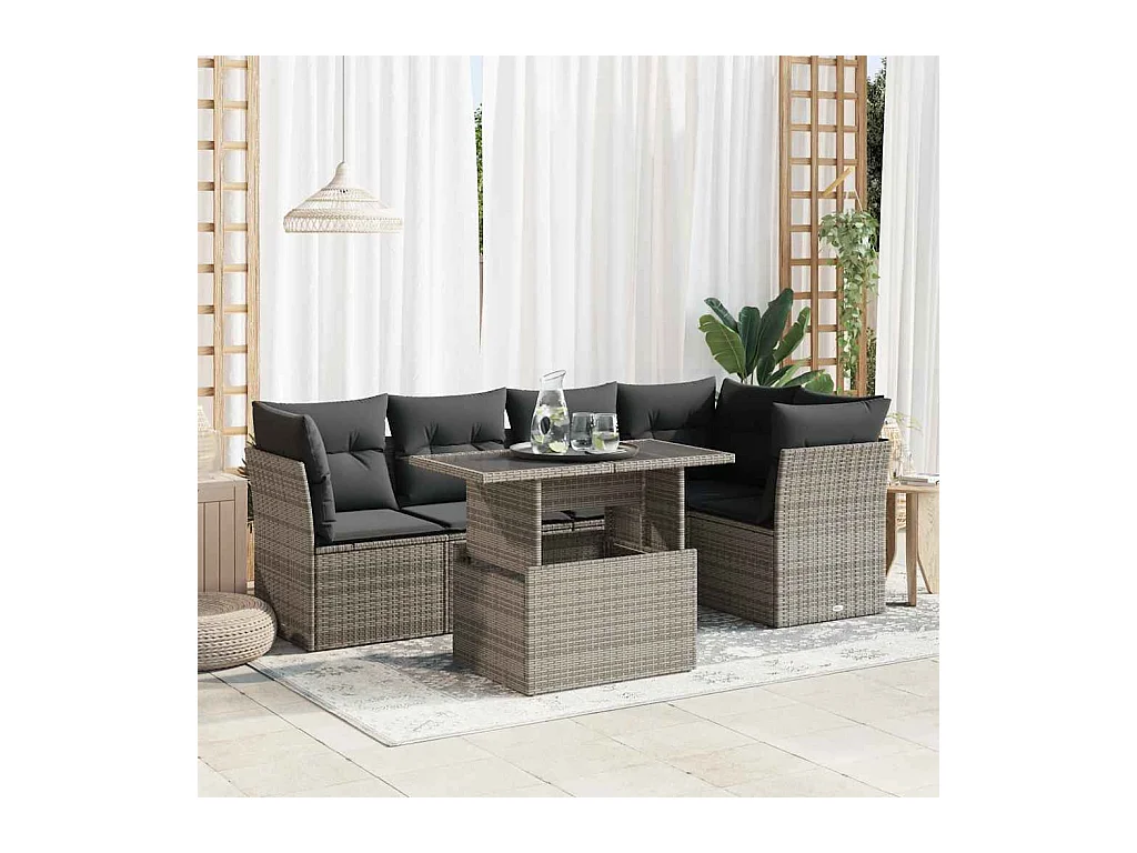 6 peças conjunto sofás de jardim com almofadões vime cinzento