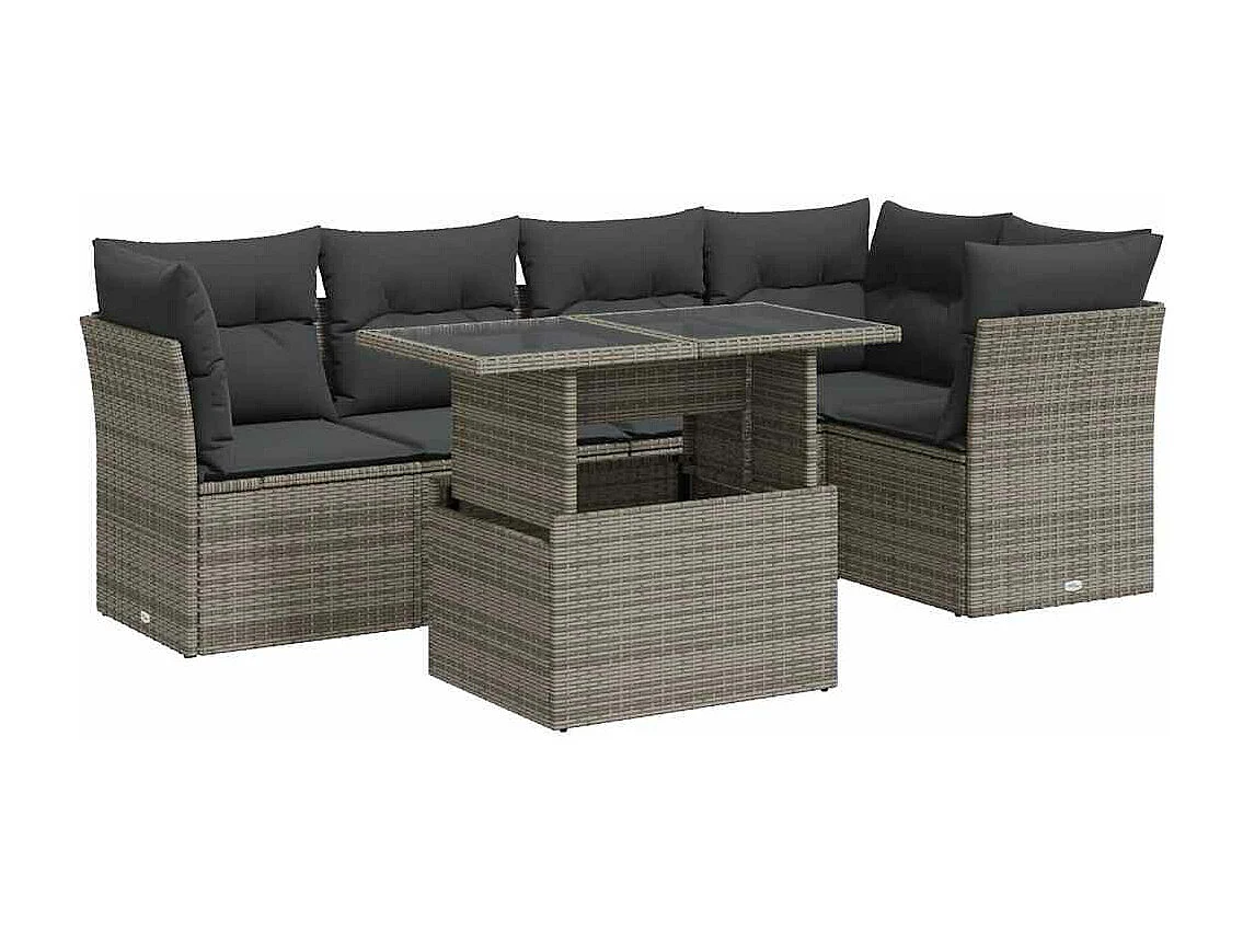6-delige Loungeset met kussens poly rattan grijs