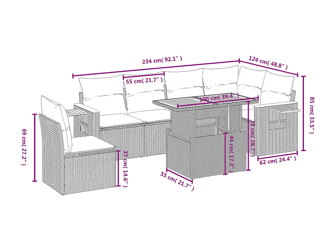 Salon de jardin avec coussins 7 pièces beige résine tressée