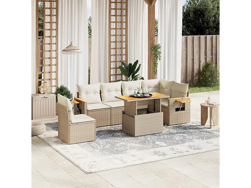 Salon de jardin avec coussins 7 pièces beige résine tressée