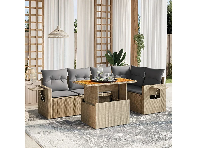 Salon de jardin avec coussins 6 pièces beige résine tressée