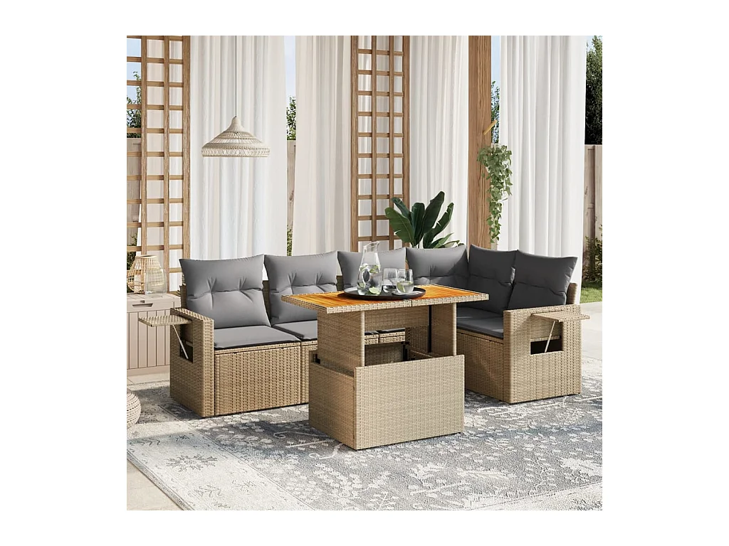 Salon de jardin avec coussins 6 pièces beige résine tressée
