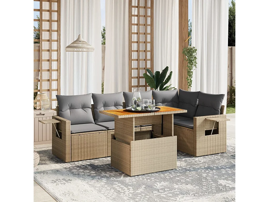 Salon de jardin avec coussins 6 pièces beige résine tressée