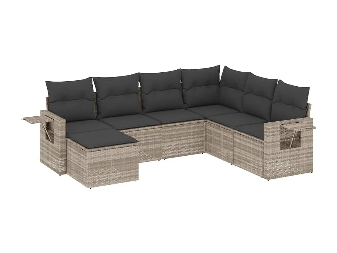 Set de sofás de jardín 7 piezas con cojines ratán PE gris claro