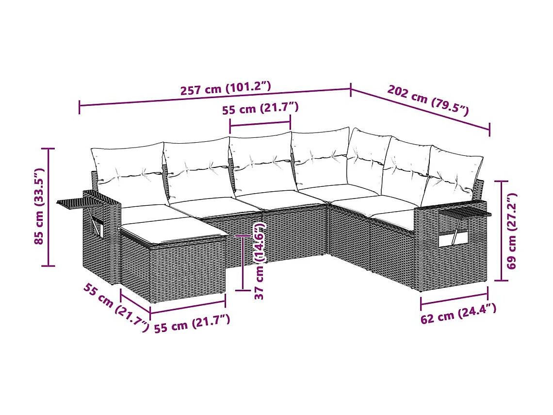 Set de sofás de jardín 7 piezas con cojines ratán PE gris claro