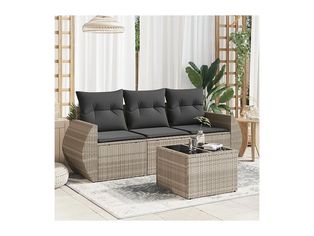 Salon de jardin 4 pièces avec coussins gris clair résine tressée