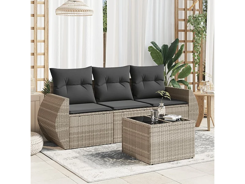 4-delige Loungeset met kussens poly rattan lichtgrijs