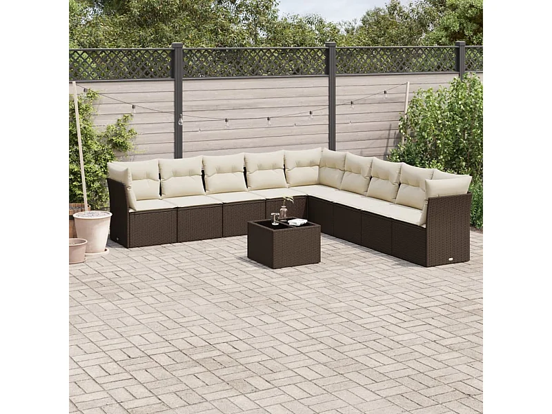 Salon de jardin 10 pièces avec coussins marron résine tressée