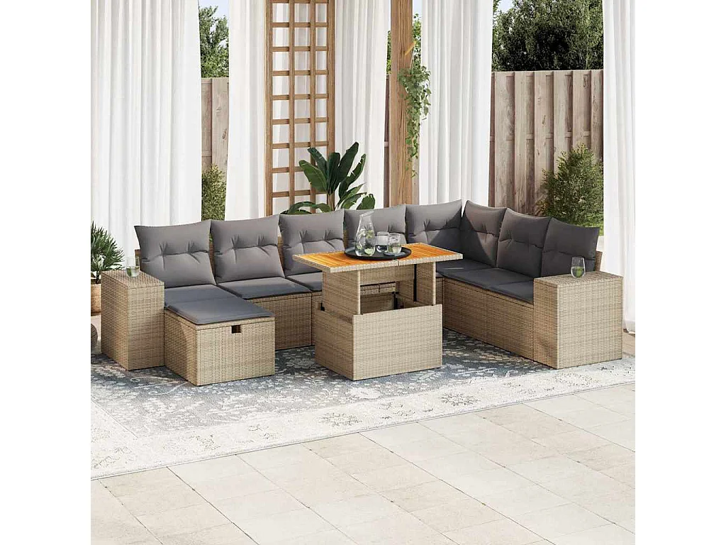 Set sofás jardín y cojines 9 piezas ratán sintético acacia beige