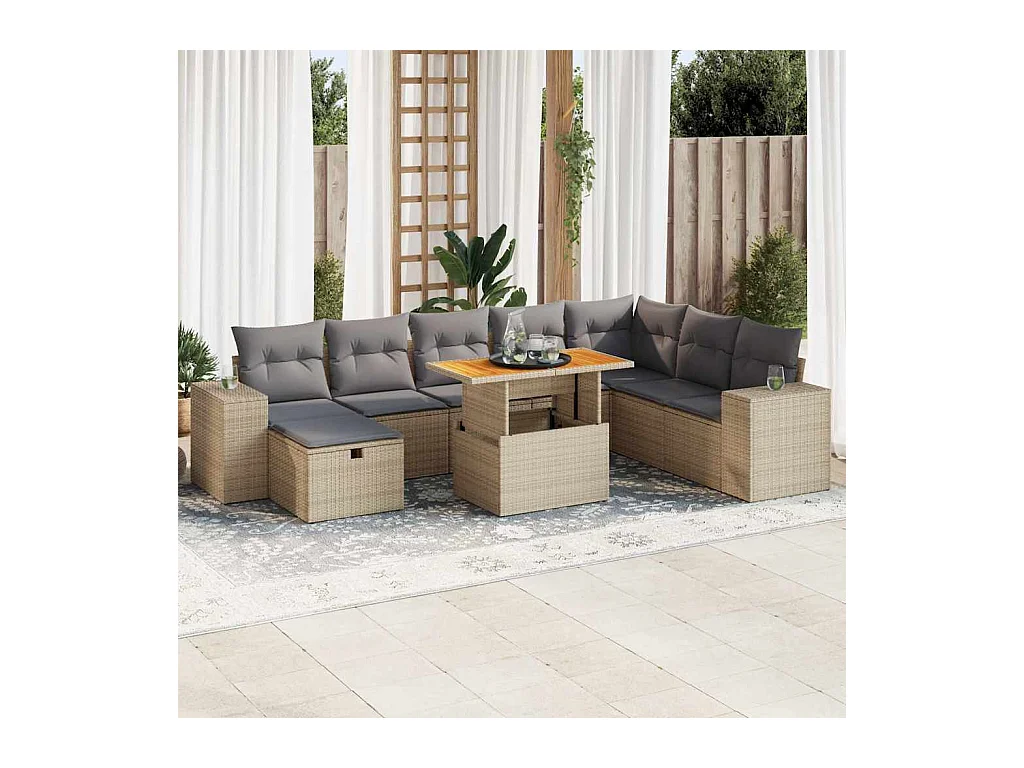 Salon de jardin avec coussins 9 pièces beige résine tressée acacia