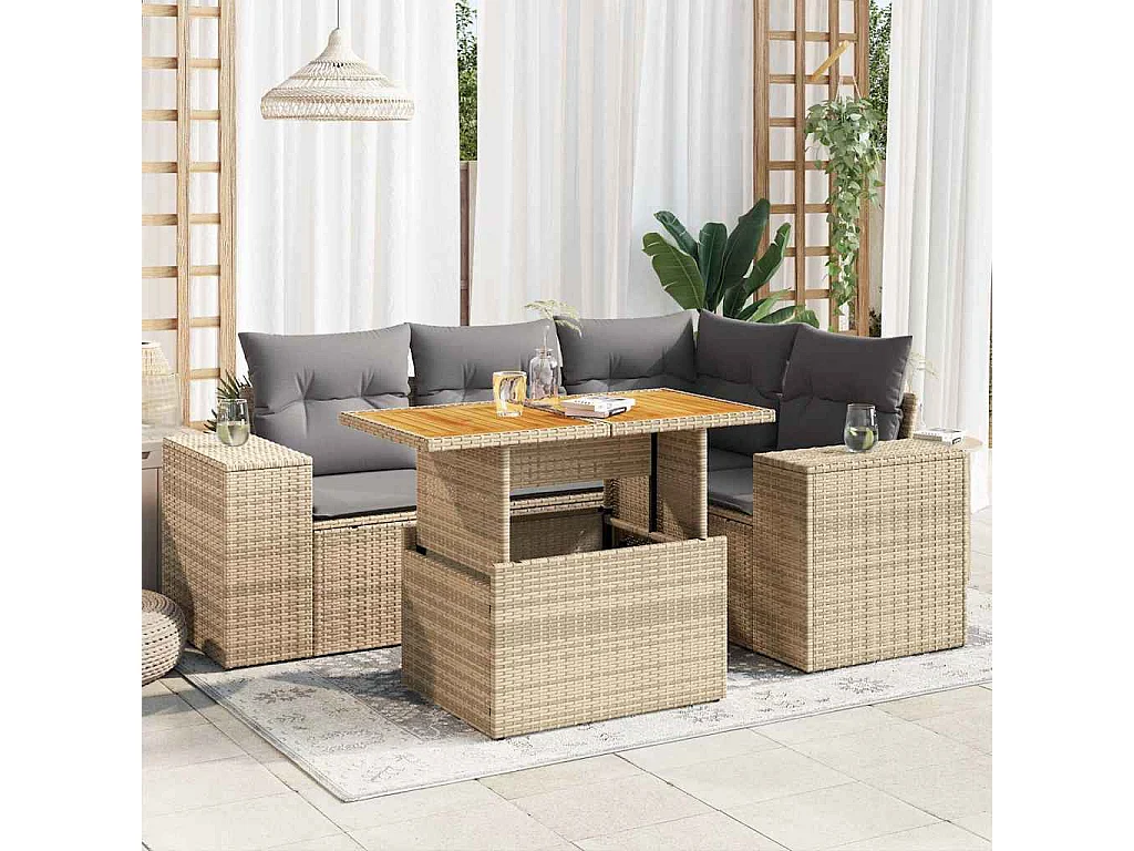 5-delige Loungeset met kussens poly rattan beige