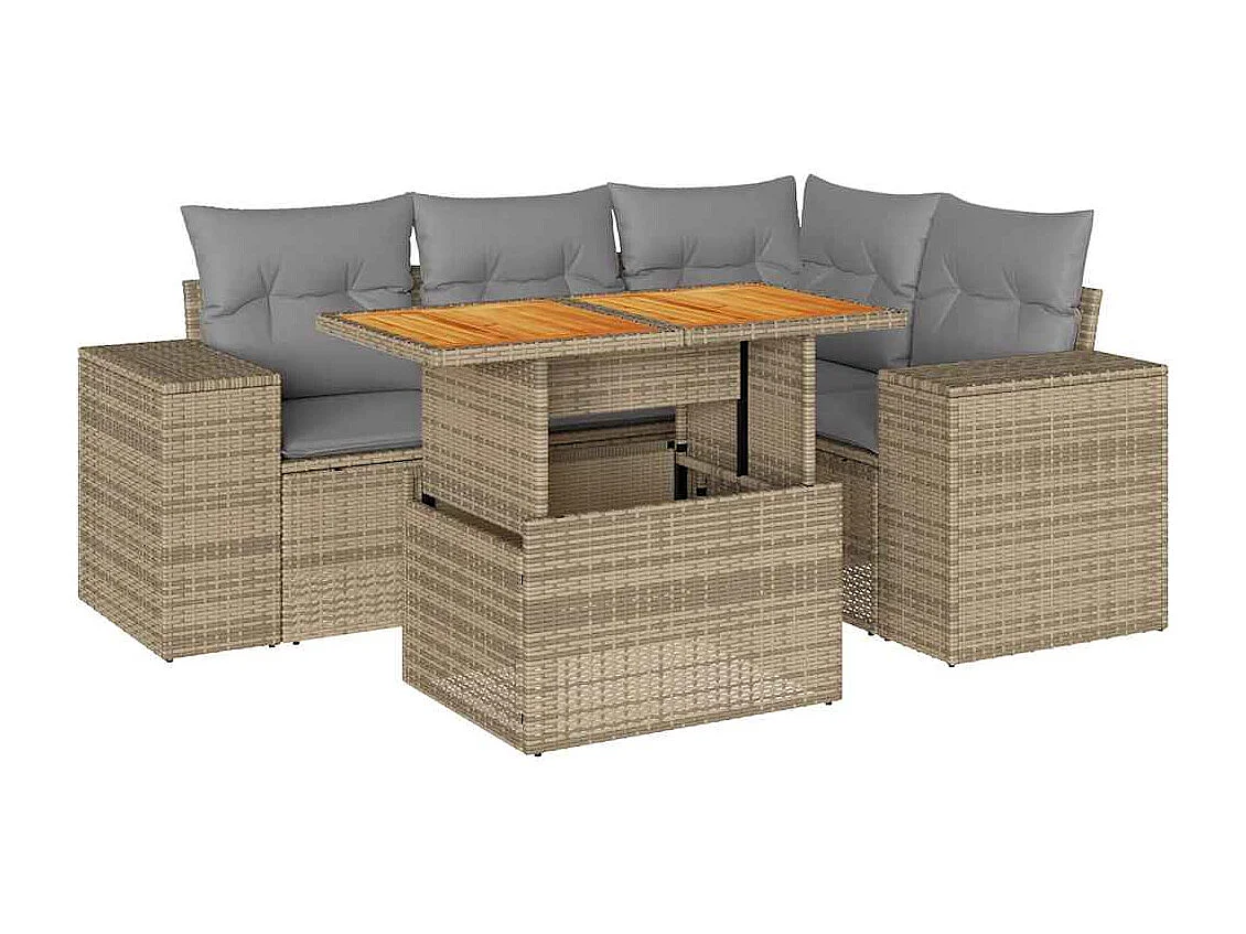 5-delige Loungeset met kussens poly rattan beige
