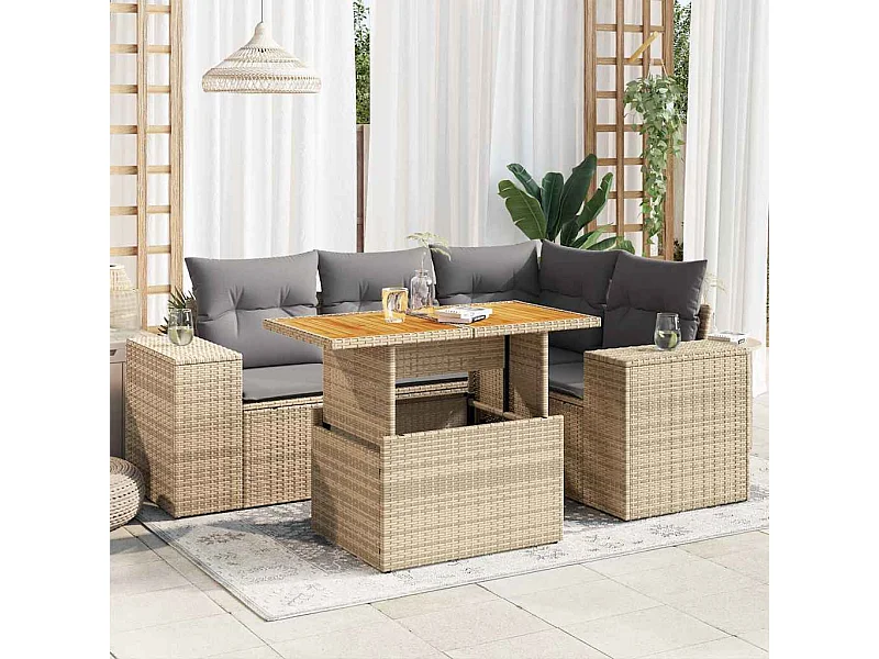 5-delige Loungeset met kussens poly rattan beige