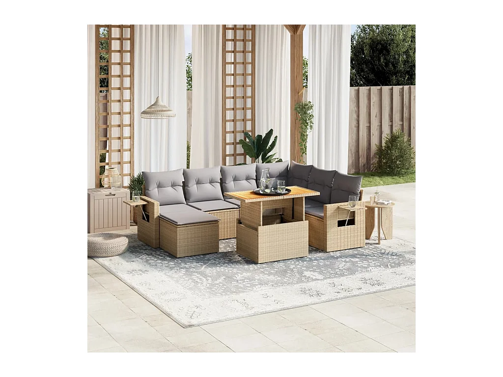 8-delige Loungeset met kussens poly rattan beige