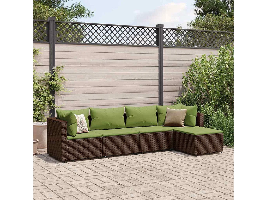 5 peças conjunto lounge jardim com almofadões vime PE castanho