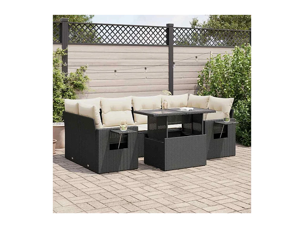 Salon de jardin 7 pièces avec coussins noir résine tressée