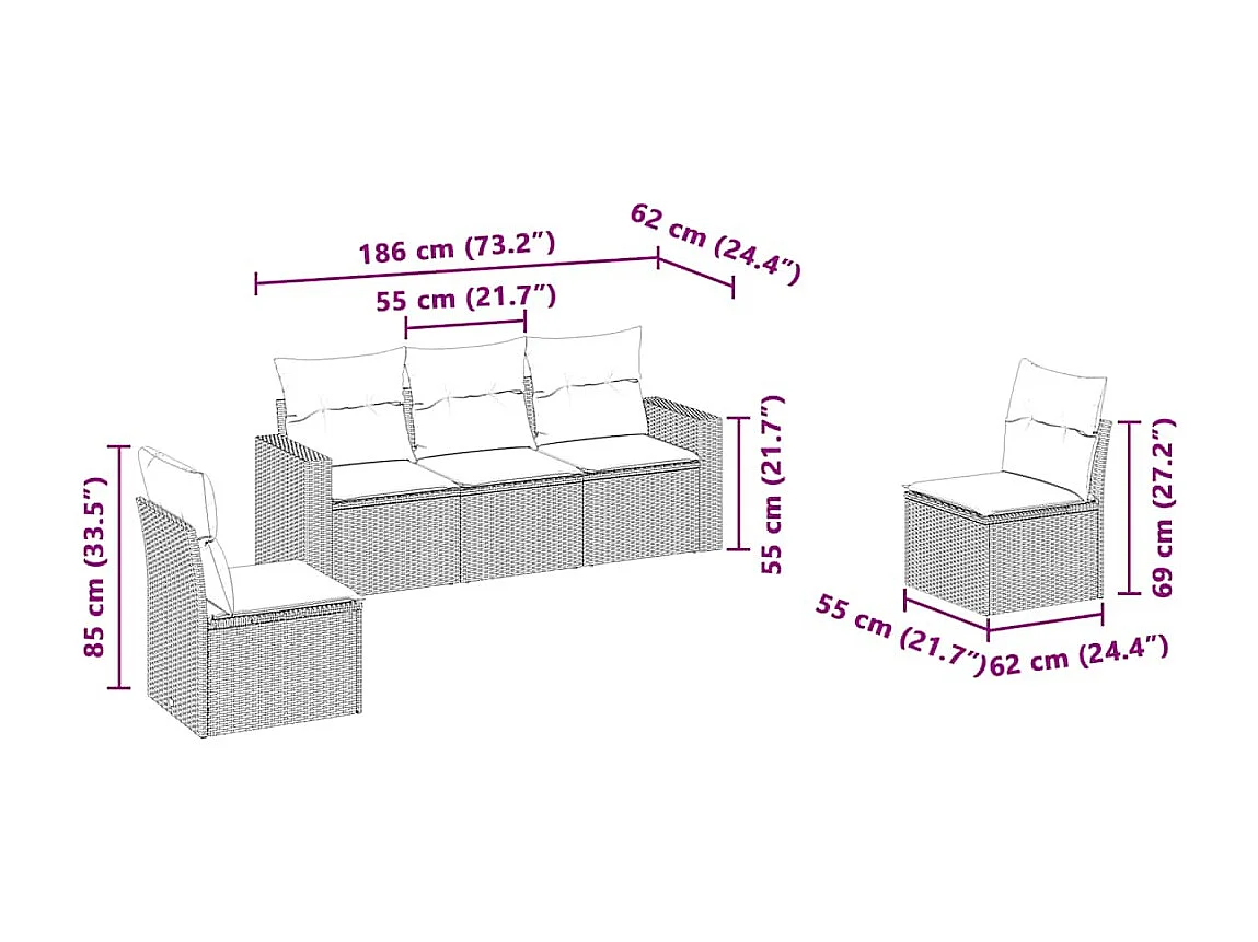 5-delige Loungeset met kussens poly rattan lichtgrijs