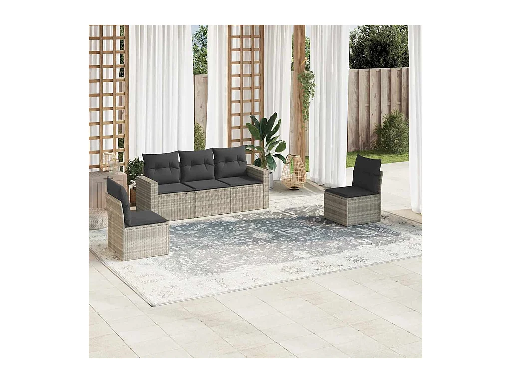 Set de sofás jardín y cojines 5 piezas ratán sintético gris claro