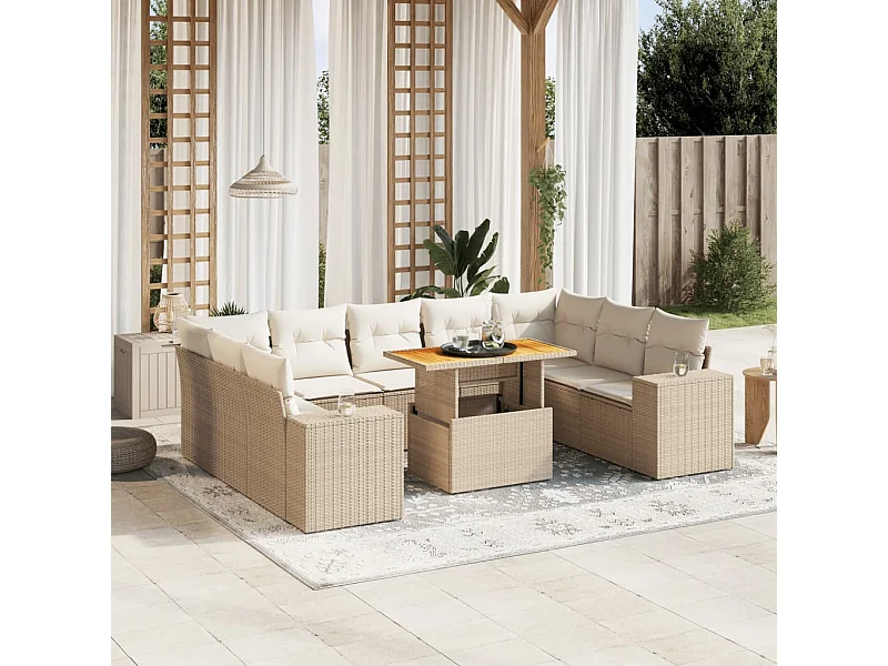 Salon de jardin avec coussins 10 pièces beige résine tressée