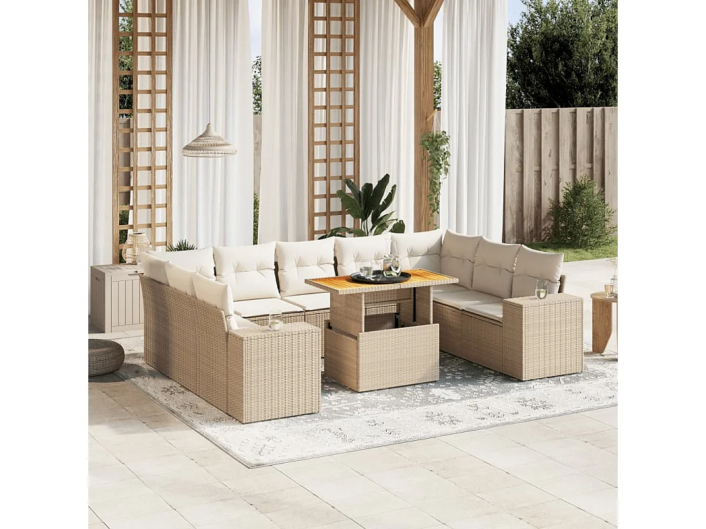 Salon de jardin avec coussins 10 pièces beige résine tressée