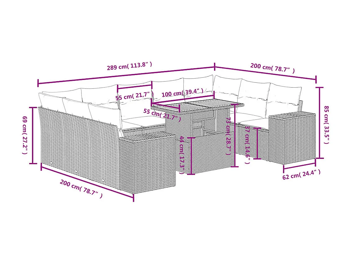 Salon de jardin avec coussins 10 pièces beige résine tressée