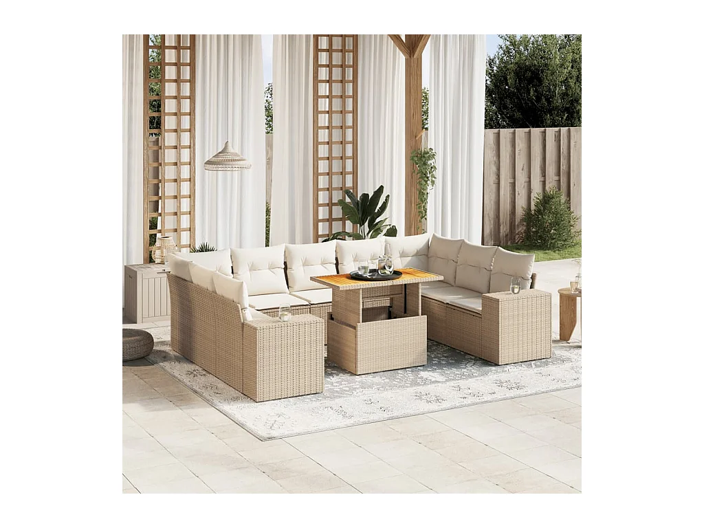 Salon de jardin avec coussins 10 pièces beige résine tressée